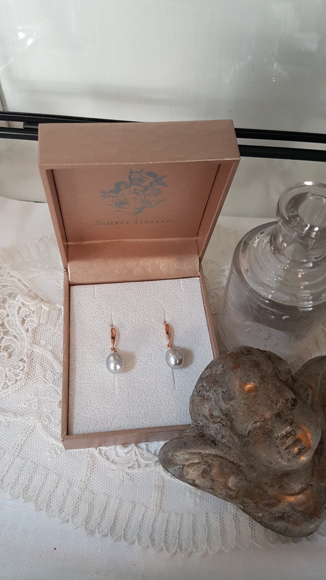 Silver Pearl Drop and Rose Gold Earrings by Simply Italian