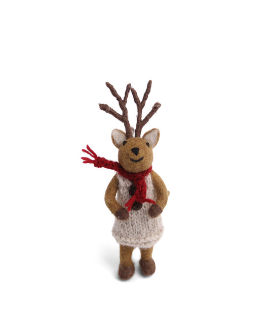 Gry and Sif Small Girl Reindeer with Red Scarf and Grey Dress