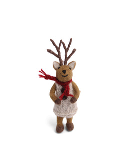 En Gry & Sif Small Girl Reindeer with Red Scarf and Grey Dress