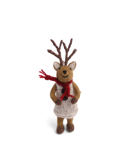 Gry and Sif Small Girl Reindeer with Red Scarf and Grey Dress