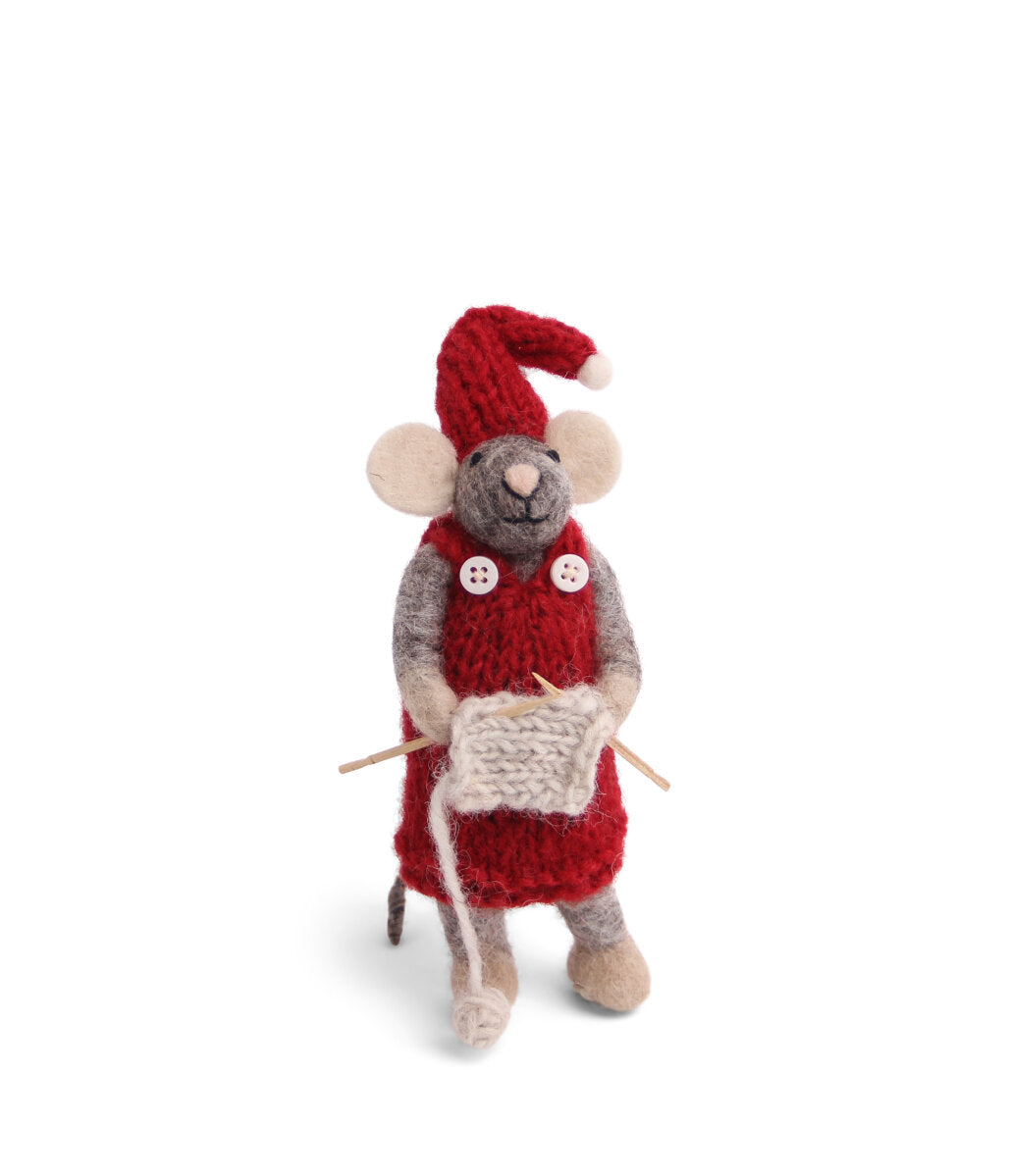 Gry and Sif Girl Grey Mouse Knitting with Red Dress and Hat (Small)